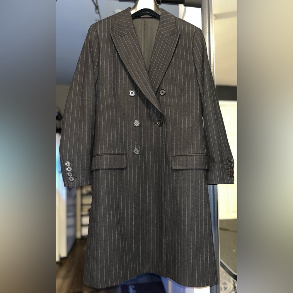 AllSaints Men’s Sz 38 Charcoal Pinstripe Longline Coat “ThirtyEight” Collection
